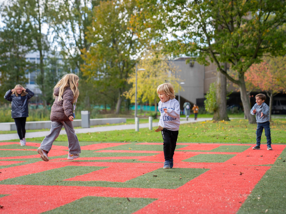 Kinderen spelend in een parkje bij de TU Delft in Delft