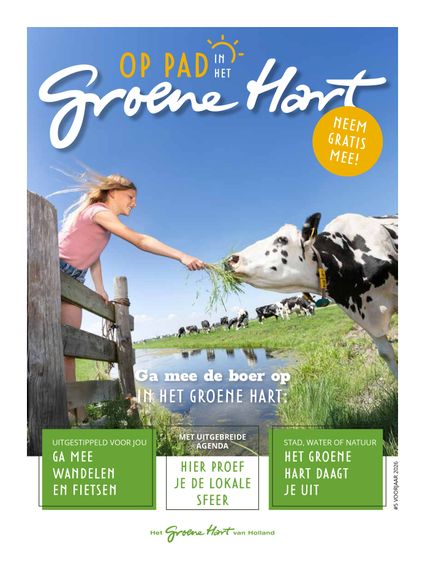 Cover recreatiekrant Op Pad in het Groene Hart, Krimpenerwaard, Groene Hart van Holland, meisje voert koe in Hollands polderlandschap met weilanden, sloot en grazende koeien tijdens lente en zomer in landelijke regio.
