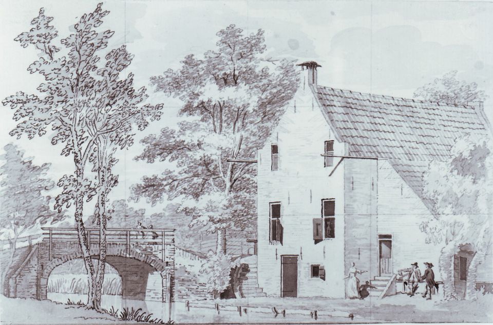 Een getekend beeld van de geinbrug uit de 18e eeuw. Rechts op het beeld staan twee mannen en een vrouw bij een huis. Er staan ook twee mensen op de brug.