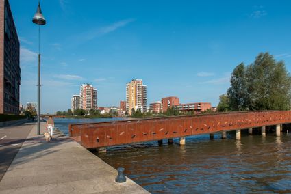 Een brug over het water met op de achtergrond groen en flatgebouwen.