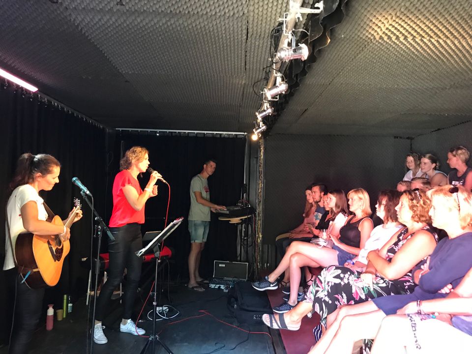 Optreden van een zangeres met band voor publiek tijdens Wijland Festival in Flevoland