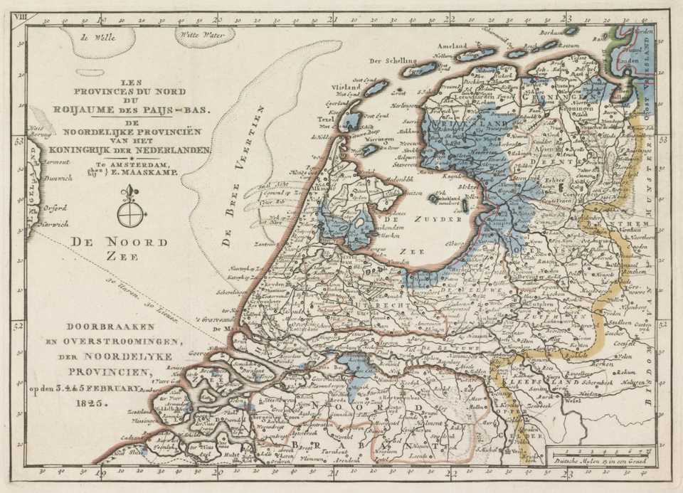 Een kaart waarop te watersnood van 1825 te zien is.