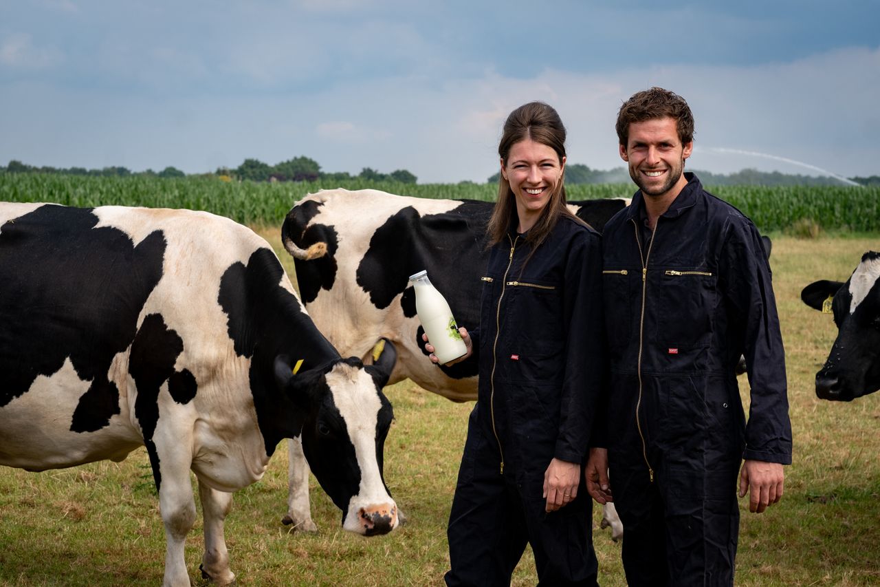 boer en boerin tussen de koeien in de wei