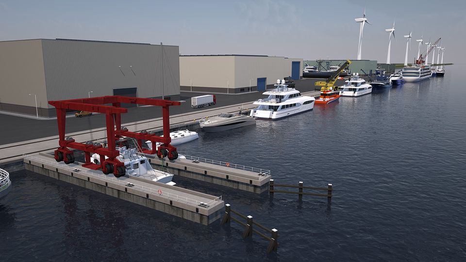 Industrie in de haven met schepen op Urk, Flevoland