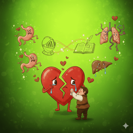 Illustratie met een gebroken rood hart dat huilt, terwijl een klein figuur het probeert te troosten. Rondom zweven organen zoals maag, longen en lever met verdrietige gezichten. Symbolische voorstelling van liefdesverdriet en emotionele pijn.