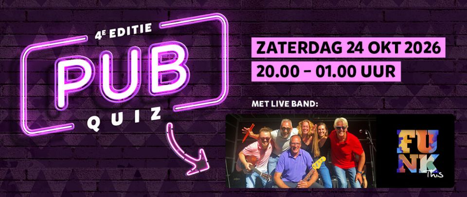 Pubquiz met live band bij Muziekhuis Oudewater in het Groene Hart, vierde editie met muziek van de band Funk This op zaterdag 24 oktober 2026.