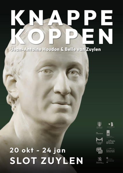 Poster met gebeeldhouwd hoofd van tentoonstelling Knappe Koppen: Jean-Antoine Houdon & Belle van Zuylen