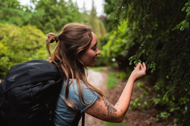 Een vrouw plukt een takje in de Drentse natuur