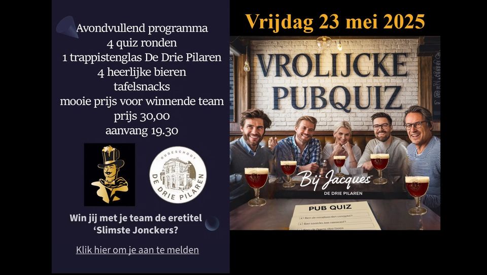 Affiche 'Vrolijcke Pubquiz & Bierproeverij' vrijdag 23 mei 2025