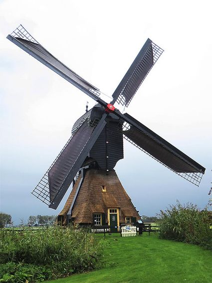 Een molen in een groen grasveld.