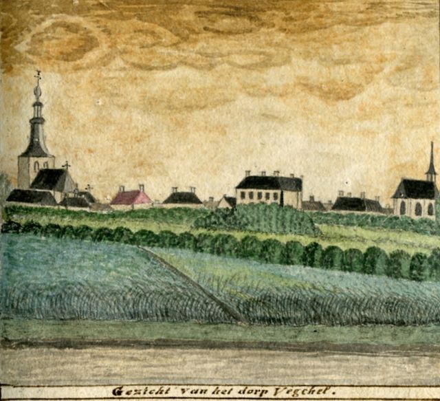 Veghel in 1820, getekend door de koster Adriaan Brock uit Sint-Oedenrode. In het midden de schoorstenen van Huize Mariënburg