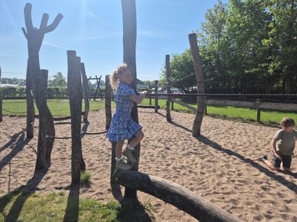 Meisje loopt over boomstam in speeltuin de Gerrithoeve