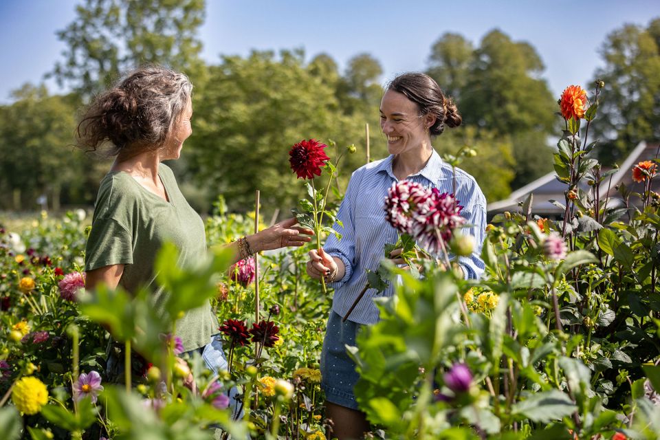 Nicole en een bezoeker tussen de bloemen in de pluktuin van Hof van Gunterstein in Breukelen