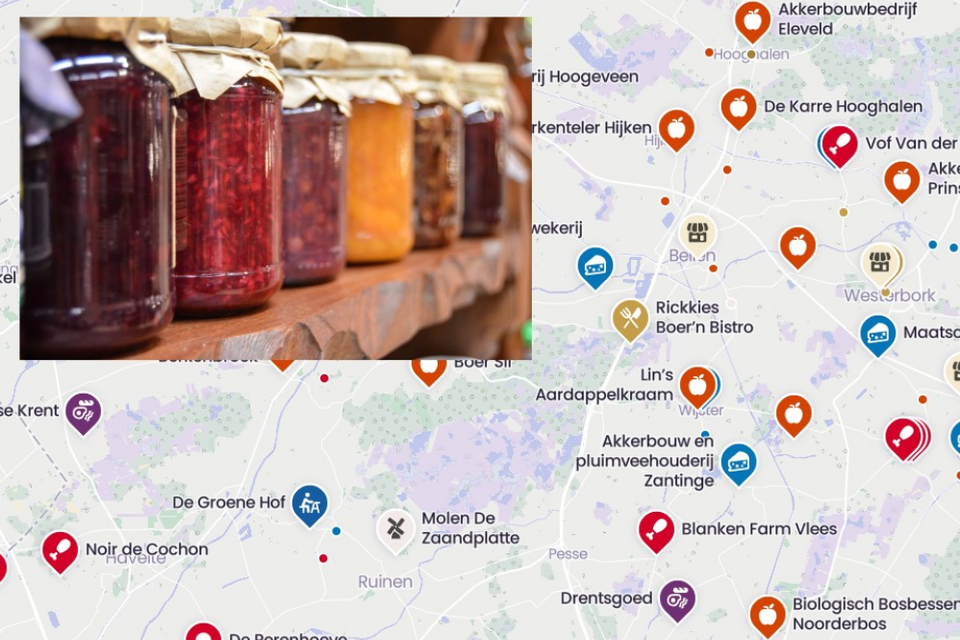 Een pot met zelfgemaakte jam op een kaart met plekken waar je streekproducten kunt kopen in Midden-Drenthe.