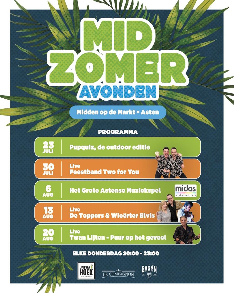 Kom op donderdagavond gezellig naar Asten. Het is FEEST op de Markt. Iedere week een ander optreden of spel. Geniet van de muziek met een drinkje en een hapje.