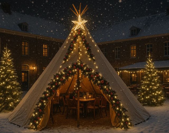 Gezellige winterse tipitent bij Bistronoom Woerden, versierd met warme kerstverlichting, vallende sneeuw en uitnodigend gedekte tafels; een sfeervolle locatie voor een winterborrel in het Groene Hart.