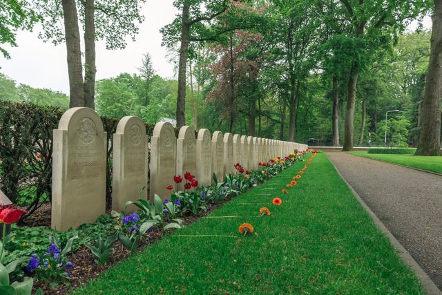 Rijen graven met kleurrijke bloemen op het Militair Ereveld Grebbeberg in Rhenen. Het ereveld herdenkt Nederlandse militairen die tijdens de Tweede Wereldoorlog omkwamen.