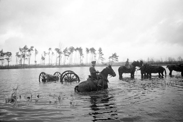 Soldaten op paarden staan in kniehoog water.