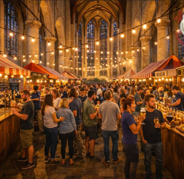 Het bier- en wijn festival in de hooglandse kerk met lichtjes en veel mensen