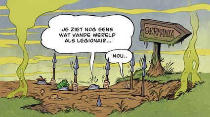 Illustratie van Romeinse legionairs die wegzakken in het moeras in Germanië.
