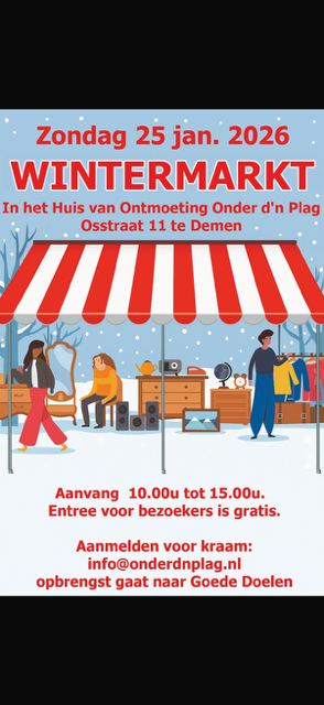 Poster voor de Wintermarkt op zondag 25 januari 2026 in Huis van Ontmoeting Onder d’n Plag in Drempt. Afbeelding van een kraam met mensen in winterse setting. Tekst vermeldt tijd 10.00–15.00, gratis entree en aanmelding voor kramen.