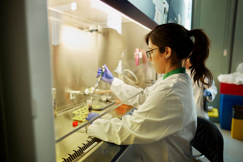 Iemand in een lab jas en handschoenen voert een experiment uit in een lab.