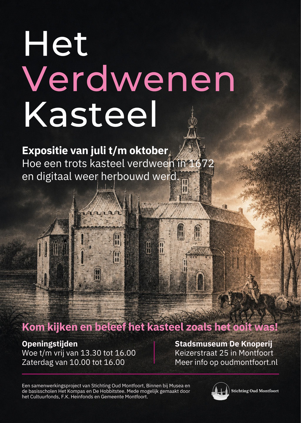 Tentoonstellingsposter Het Verdwenen Kasteel, Stadsmuseum De Knoperij in Montfoort, Groene Hart. Affiche met historische illustratie van het verdwenen kasteel van Montfoort met informatie over de expositie.