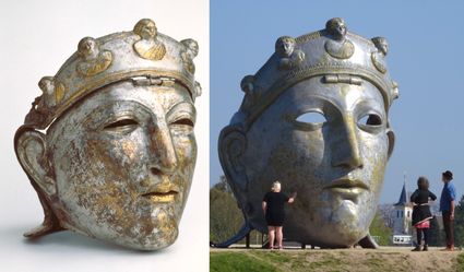 Het oorspronkelijke Romeinse gezichtsmasker en het kunstwerk van Andreas Hetfeld.