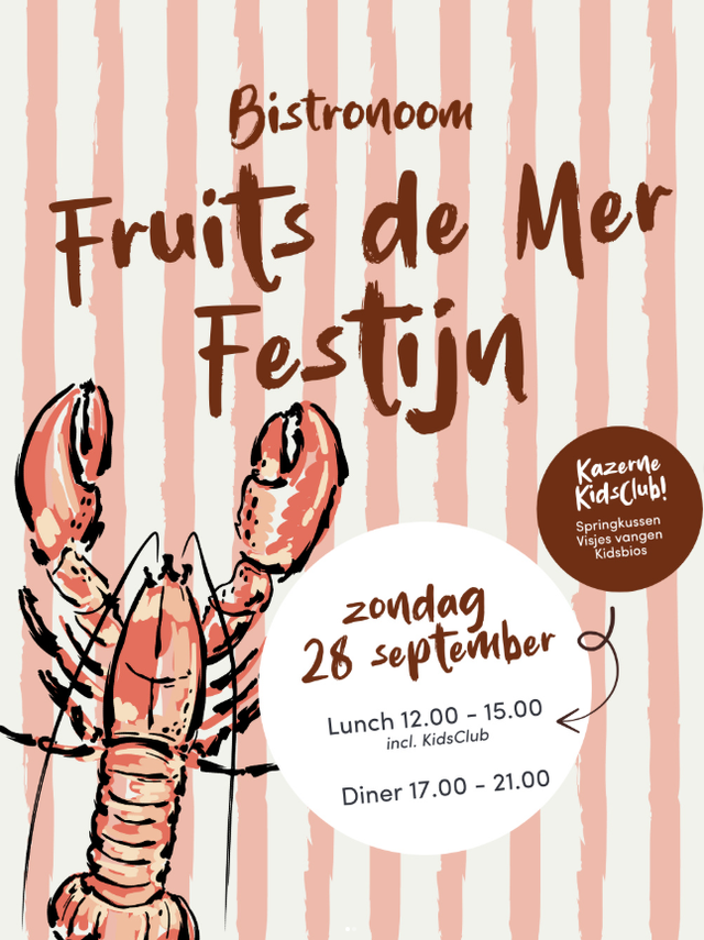 Poster van het Fruits de Mer Festijn bij Bistronoom in Woerden met getekende kreeft, datum zondag 28 september 2025 en informatie over lunch, diner en KidsClub-activiteiten.
