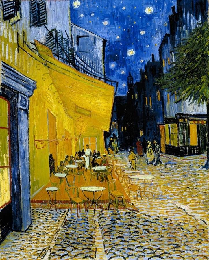 Een afbeelding van het schilderij geïnspireerd op de Ginnekenmarkt: Caféterras bij nacht, gemaakt door Vincent van Gogh, te Arles, in 1888.