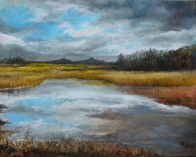 Olieverfschilderij van Henk Kooy, House of Arts Woerden, Groene Hart, verstild Hollands landschap met waterpartij, rietkragen en weidse lucht, waarin wolken en licht worden weerspiegeld in het stille water tijdens de expositie.