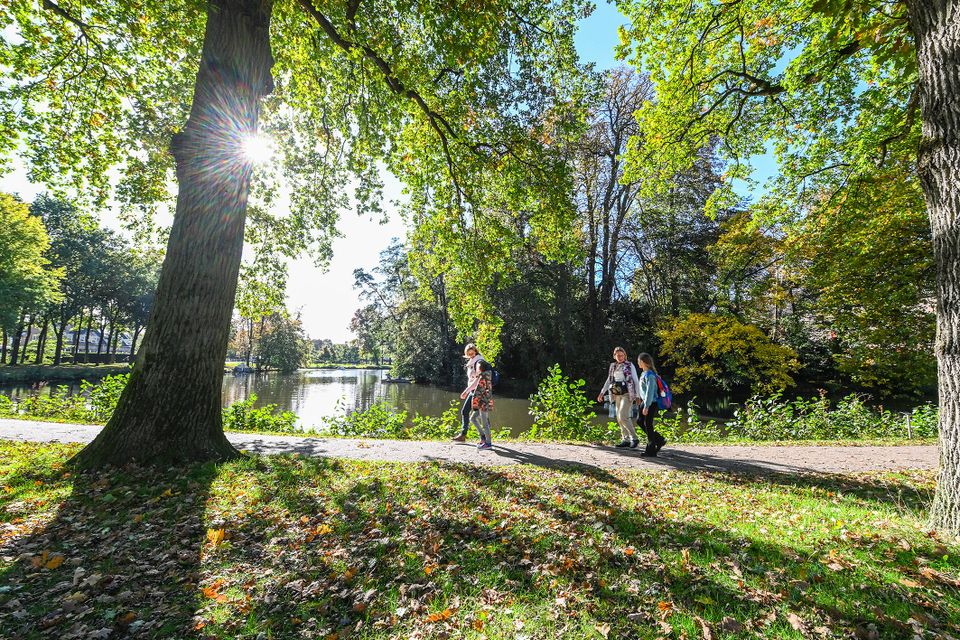 Kinderen wandelen langs het water in het park bij Slot Zeist, tussen grote bomen en herfstkleuren. De foto laat een ontspannen gezinswandeling in het groene historische gebied van Zeist zien.