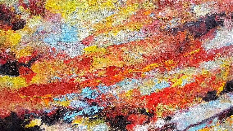 Schilderij in frisse heldere kleuren, vooral rood en geel, in abstracte compositie.