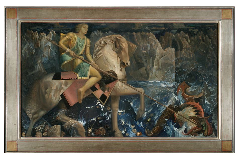 Schilderij van Sint-Joris te paard die met een lans een draak doorboort in woelige zee, tegen een rotsachtig landschap, uitgebeeld als een mythische strijd tussen goed en kwaad.