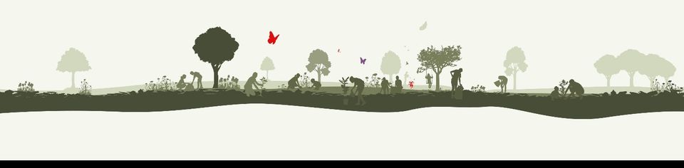 Tekening in groene kleuren van personen die in een tuin aan het werken zijn.