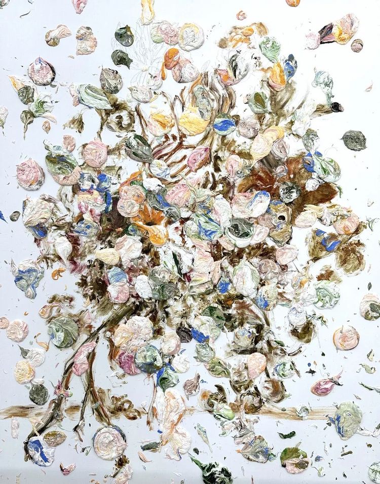 Schilderij met veel bloemen in veel kleuren.