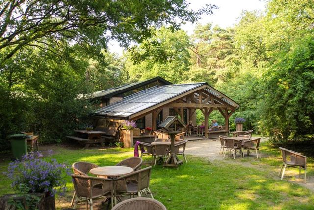 Een theehuis met zitjes buiten op het terras omringd door groen.
