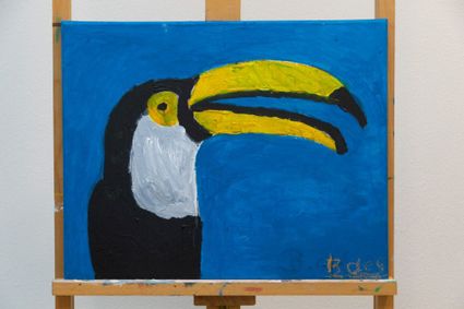 Kunstwerk van vogel op blauwe achtergrond