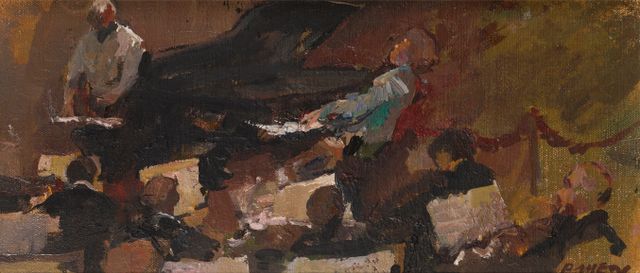 Hans Bayens, Pianist met dirigent, KCO Amsterdam, 1992, olieverf op board