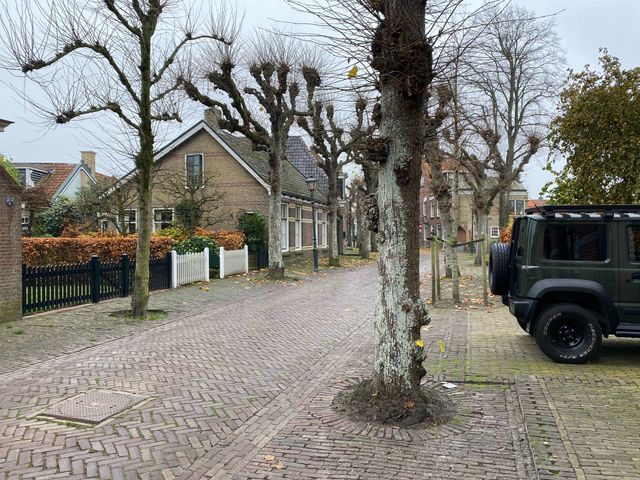 De hoofdstraat van langweer in het najaar, de bomen zijn kaal.