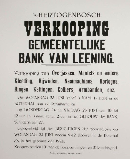 Aankondiging van de verkooping van niet ingeloste voorwerpen en kledingstukken van Gemeentelijke Bank van Leening 1926. 