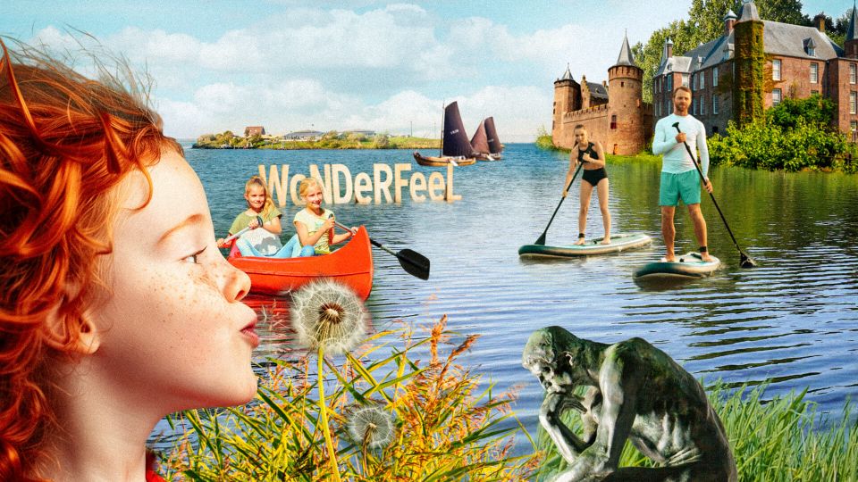Campagnebeeld zomercampagne Buitenkans in Gooi & Vecht. Dromerige collage samengesteld met een roodharig meisje die paardenbloempluisjes blaast, kastelen aan het water, kanovaarders, een haas en de Denker van Rodin.