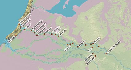 Limeskaart met plaatsen langs de limes. De kaart is onderdeel van het lesmateriaal 'Ontwerp een excursie naar de Limes'