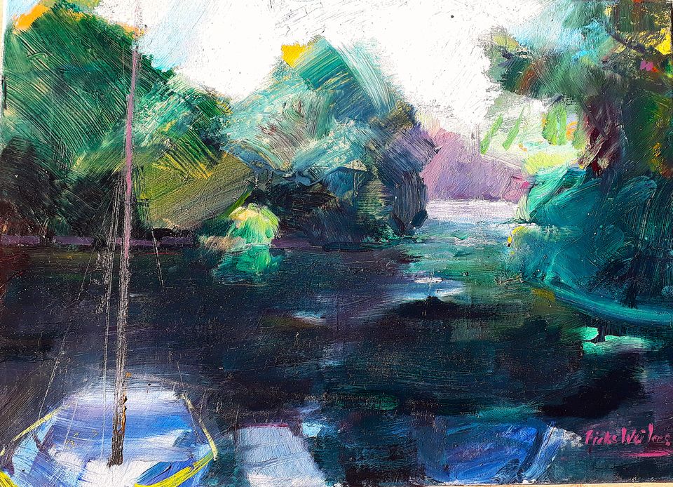 Een schilderij van een landschap