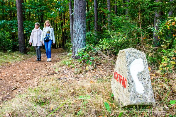 Twee wandelaars lopen het Voetstappenpad rondom Hilversum