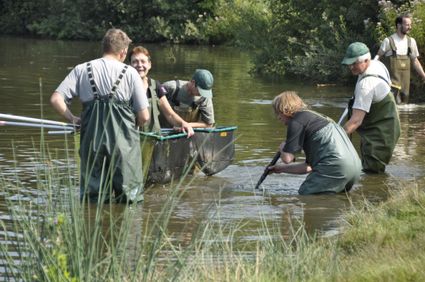Mensen die schepnetvissen in het water