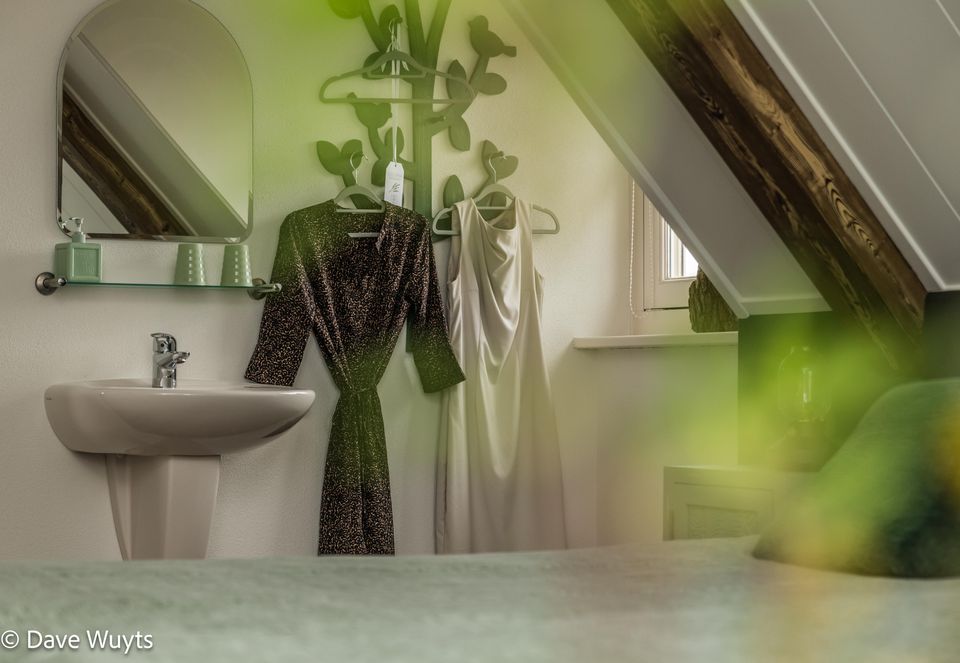 Wastafel met spiegel onder de schuine kap met groene accessoires en wat kleding op hangertjes aan een groene kapstok in de vorm van een boom.