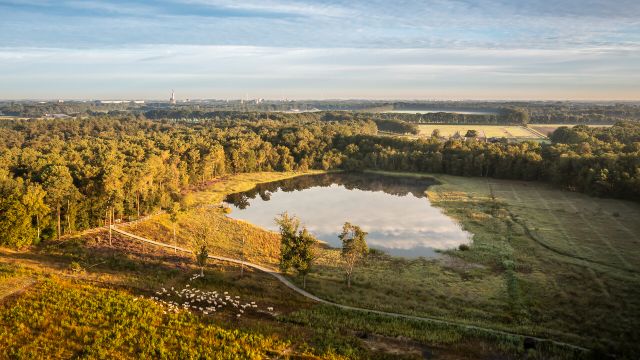 Landgoed Visdonk vanuit de lucht, je ziet water en groen en bomen.