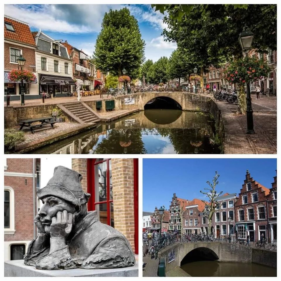Sfeerimpressie van een stadswandeling door Oudewater met historische bruggen over de gracht, monumentale panden, fietsen langs het water en een beeld in het oude stadscentrum.