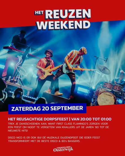 Affiche met hoofdkleur rood en de band First Class Flamningo's